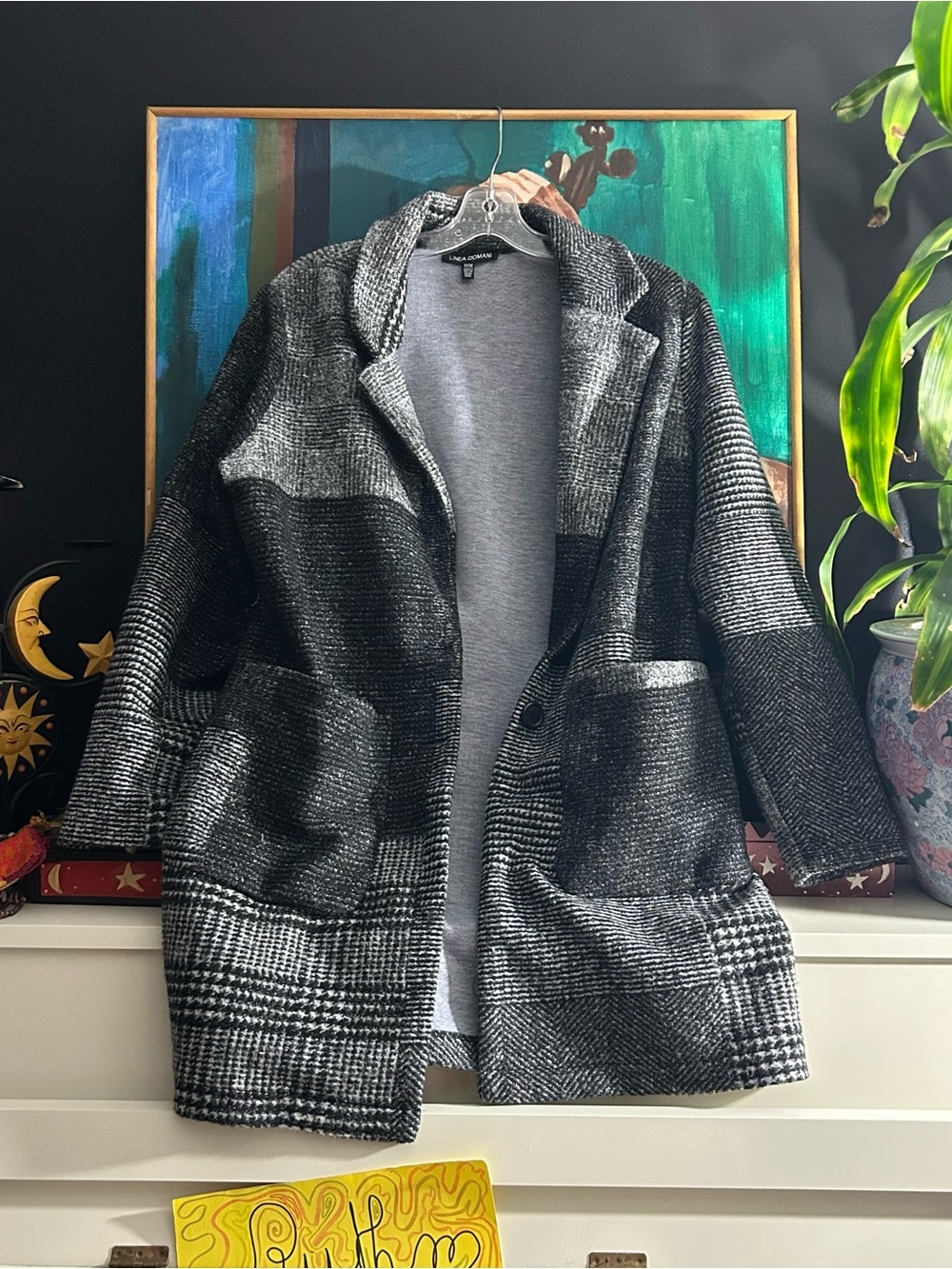 Linea Domani Black White Plaid Long Blazer Coat Women’s Medium
